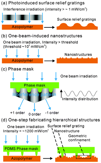 Schematic illustrations of photoinduced surface relief gratings (a), one-beam-induced nanostructures (b), and a phase mask (c). The interference pattern near the phase mask is generated by interference of 1, 0 and −1 order diffracted beams. (d) Schematic illustration of one-step fabrication of hierarchical structures on azopolymers.