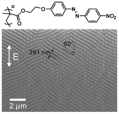 The chemical structure of the azopolymer P2NO2 (top) and the SEM image of P2NO2 after one beam irradiation for 10 min (bottom). The arrow indicates the polarization (E vector) of the laser.