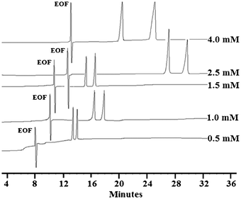 Enantioseparation of Dns-Aca at varied CD concentrations.
