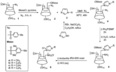 Synthetic approach to 6A-ammonium-6C-alkylimidazolium-β-cyclodextrin chlorides.