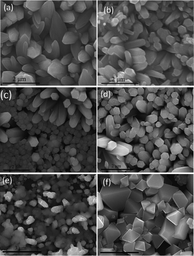 Recycling tests. SEM micrographs of the ZnO nanorods grown on the same substrate. (a) 1st, (b) 2nd, (c) 3rd, (d) 4th depositions; (e) nickel oxide and (f) copper oxide film.