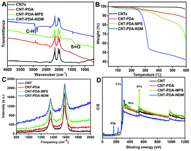 Characterization of CNTs, CNT-PDA, CNT-PDA-MPS and CNT-PDA-NDM. (A) FT-IR spectra, (B) TGA, (C) Raman spectra, and (D) XPS spectra.