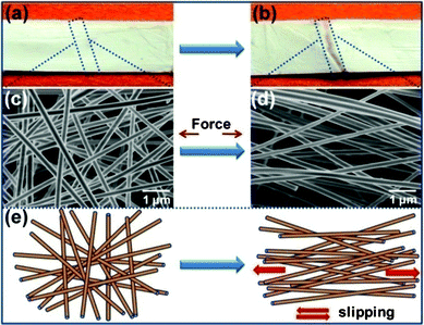 Photographs show (a) before tension and (b) after failure of the SNF membranes fabricated from HNF2 membranes with a calcination temperature of 800 °C, respectively. (c) and (d) FE-SEM images show the SNF membranes before and after failure, respectively. (e) Proposed mechanism of the tensile fracture process for SNF4 membranes.