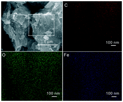 SEM image of GNS–Fe3O4 composites with one corresponding selected area, and EDS mapping for C, O, and Fe elements in this area.