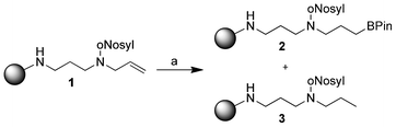 Initial observation of double bond reduction. (a) Pinacolborane (HBPin, 5.00 equiv.), Wilkinson's catalyst (0.10 equiv.), dry CH2Cl2, 15 h.