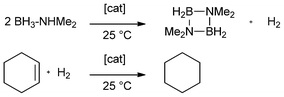 General equation for the catalytic dehydrocoupling of dimethylamine-borane adduct and hydrogenation of cyclohexene according to Manners et al.1