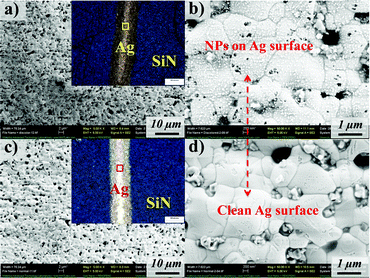 SEM images of the discolored grid at (a) low and (b) high magnification; and normal grid at (c) low and (d) high magnification. (Insets are the corresponding optical images of the Ag grids and SiN films from the snail trail and normal regions.)