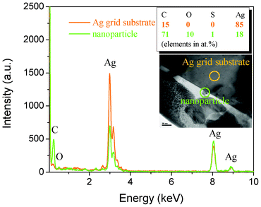 EDS analysis of the FIB slice. Inset: TEM image illustrating the analyzed nanoparticle and substrate positions. The table shows their elements in at.%.