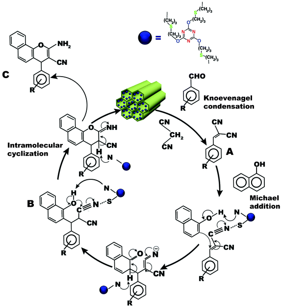 Plausible reaction pathway for condensation reaction of aromatic aldehyde, 1-naphthol and malononitrile in the presence of TFMO-1.