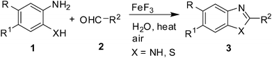 FeF3 catalyzed synthesis of 1,3-benzazoles in water.