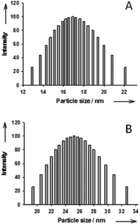 Particle size distribution of NPs with an average particle size of 18 nm (A) and NPs with an average particle size of 27 nm (B).