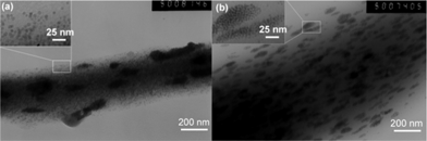 TEM images of (a) PLGA-10% MNPs and (b) PLGA-50% MNPs scaffolds with part of each image amplified for clarity. Fibers were collected on TEM copper net and the dispersion of MNPs in the fibers was measured.