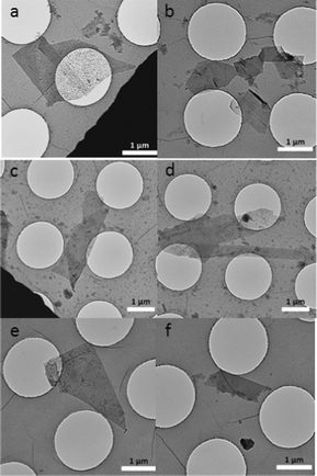 TEM images of graphene in ODCB (a, b), 1 functionalized graphene in DMF (c) and CHCl3 (d) and 2 functionalized graphene in H2O (e, f). The samples were prepared by dropcasting the dispersion onto a holey carbon grid. For HRTEM images, see Fig. S4 in the supporting information.
