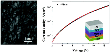 SEM image of bisaza CBI3a (3a′) aggregate suspension on a Pt-chip (left). Current density vs. voltage (J–V) characteristics of an electron-only device based on bisaza CBIs 3a (3a′) (right) at an electric field strength of 0.3 MV cm−1, inset: electron-only device schematic diagram of bisaza CBIs 3a (3a′).
