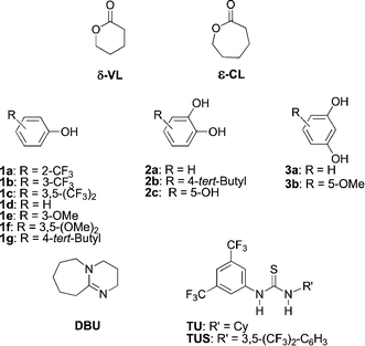 δ-Valerolactone (δ-VL) and ε-caprolactone (ε-CL), Hydrogen-bonding (donor + acceptor) catalysts.