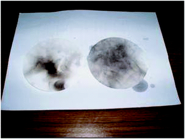 The soot developed from burning of biodiesel (left) and petroleum diesel (right).