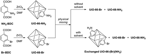 Scheme for the synthesis of UiO-66-NH2 and UiO-66-Br (left) and ligand exchange conditions (right).