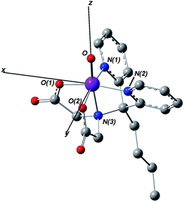 Geometry optimized structure of 5(b) in the gas phase obtained from DFT calculations for the S = 1 ground state. Hydrogen atoms were omitted for clarity.