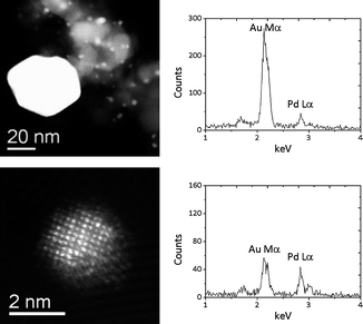 Representative STEM HAADF images and corresponding XEDS analysis of particles from 2.5 wt% Au + 2.5 wt% Pd/TiO2 catalyst prepared by the physical mixing of acetate salts. The top row shows data from a typical large Au-rich particle (∼50 nm in size), whereas the lower row shows data from a 2 nm AuPd nm alloy particle.