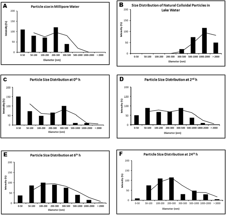 Hydrodynamic size distribution of (A): TiO2 NPs in Millipore water at 0 h; (B): Natural colloidal particles present in lake water; (C–F): TiO2 NPs in lake water (0 h–24 h).