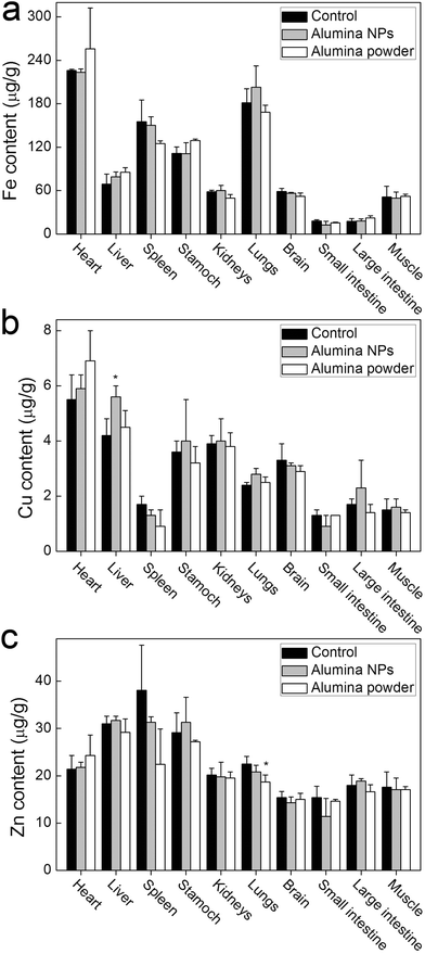 Influence of alumina NPs and alumina powder on the content of Fe, Cu and Zn in mice 1 d after gavage exposure (n = 3); *p < 0.05 compared with the control group.
