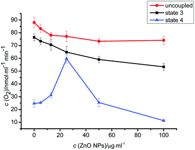 Effects of ZnO NPs on the respiration of isolated rat liver mitochondria. Respiration unit was represented as nmol O2/min mg−1 protein. Mitochondria (0.5 mg ml−1) were suspended at 25 °C in the standard medium containing succinate (5 mM) as the respiratory substrate. Results are expressed as mean ± SD. of three independent experiments.