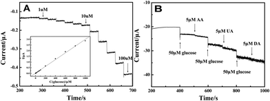 Amperometric response obtained on the LNFs/CPE upon successive addition of glucose at different concentrations to 0.1 M NaOH with applied potential at 0.6 V. Inset: calibration curves of the glucose sensor. (B) 50 μM glucose at different stages and on addition of 5 μM AA, 5 μM DA and 5 μM UA to the solution of 0.1 M NaOH with applied potential at 0.6 V.