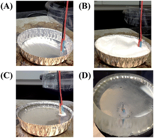 Fabrication of polystyrene-embedded electrodes. (A) A palladium decoupler and a detection electrode are affixed to connecting wires and are placed in a vertical position into an aluminum dish. (B) Commercially available polystyrene powder is poured around electrodes. (C) The polystyrene is heated to 250 °C for several hours. (D) Side-view of a polystyrene-embedded electrode base that has been removed from the mold and shaped by wet polishing.