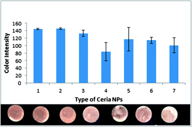 Colorimetric responses of sensors prepared with various types of ceria after addition of 5 mM CA. From left to right: (1) Sigma-Aldrich, #289744, 10–20 nm (20% colloidal dispersion in aqueous acetic acid (2.5%)); (2) Alfa Aesar, #40125, 10–20 nm (20% in H2O, colloidal dispersion stabilized in 0.4 M acetate); (3) Alfa Aesar, 5 nm (17% aq in citrate); (4) SkySpring, #2810NH, 10–30 nm; (5) Sigma, #MKBB9545, 25 nm; (6) Sigma, #166D13H, 25 nm; and (7) 200 nm synthesized in propylene glycol after washing with water, filtration and calcination at 500 °C).