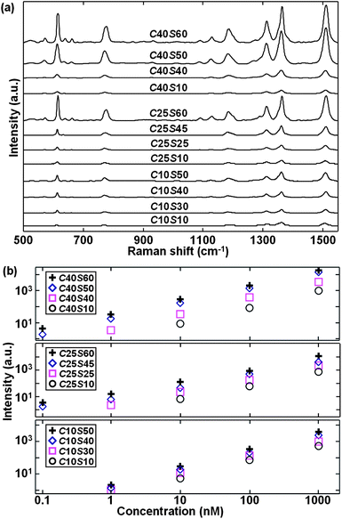 (a) Experimental SERS spectra of R6G solution at concentrations of 10−6 M adsorbed on Fe3O4@Ag nanoparticles with core–shell parameters of C40S60, C40S50, C40S40, C40S10, C25S60, C25S45, C25S25, C25S10, C10S50, C10S40, C10S30, and C10S10. C10S50 means Fe3O4@Ag with a core radius of 10 nm and an outer shell thickness of 50 nm. (b) Raman peak intensities at 1508 cm−1 (aromatic C–C stretching) for R6G solution at concentrations of 10−6, 10−7, 10−8, 10−9 and 10−10 M by using these Fe3O4@Ag nanoparticles.