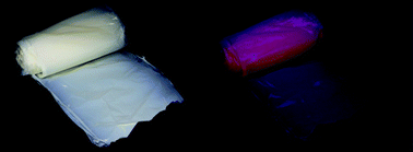 Photographs of the TiO2–[Ru(dpp)3]2+ pigmented extruded LDPE film in air under room light, and under UV light.