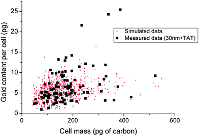 GNP content per cell compared with Monte Carlo simulation. Points are simulated using Hill model parameters for both cell size and uptake rates fitted from the data (see Table S4 and discussion in the ESI). The three outlier data points with >20 pg GNP per cell are probably superposed cells.