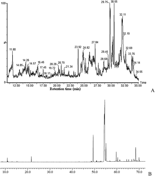 UPLC-MS/MS and GC-MS profiles of Z. jujuba seeds. (A) Total ion chromatogram analysed by UPLC-MS/MS; (B) total ion chromatogram analysed by GC-MS.