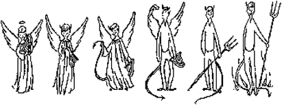 Cartoon depicting the progression of disease as a stepwise transformation from benign (angelic) to malignant (diabolic).