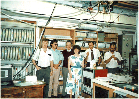 Snapshot of the spectroscopy lab at NRC in Ottawa, ca. 1978 (personal photograph). Note the filing cabinets in the background with racks of magnetic disks and tapes. Left to right: D. Moffatt (technician), H. Casal (post-doc), R. Jones (retired by then), S. Capes (summer student), H. Mantsch (author) and W. Surewicz (research associate).