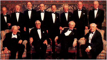 Herzberg turns 90, a celebration of minds in Toronto, December 1994. From left to right: (front row) Herzberg, Porter, Watson, Prigogine; (back row) Perutz, Smith, Herschbach, Brockhouse, Polanyi, de Duve, Townes, Kendal (from Molecular spectroscopy with Gerhard Herzberg12).