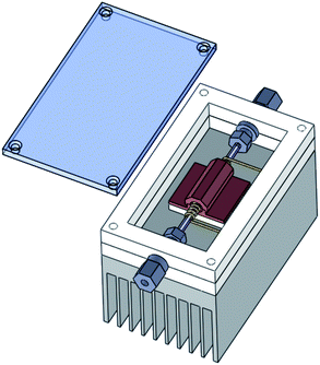 The design of the thermal desorption unit. A thin quartz tube packed with adsorbent is surrounded by a coil of Thermocoax heating wire. The quartz tube is connected to sample lines by compression fittings with graphite ferrules. A copper sheath surrounds both the heater and quartz tube and is separated from the fan cooled heat sink by a Peltier element. The components are enclosed by a Teflon frame with a Perspex lid.