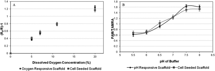 (A) The response of oxygen sensitive sol–gel nanosensors incorporated into PLGA scaffold with cells cultured upon the scaffold is compared to an oxygen sensing scaffold without cells upon it. Error bars represent SEM N = 3. (B)The response of pH sensitive sol–gel nanosensors incorporated into a PLGA scaffold with cells cultured upon the scaffold is compared to a pH sensing scaffold without cells being cultured upon it.