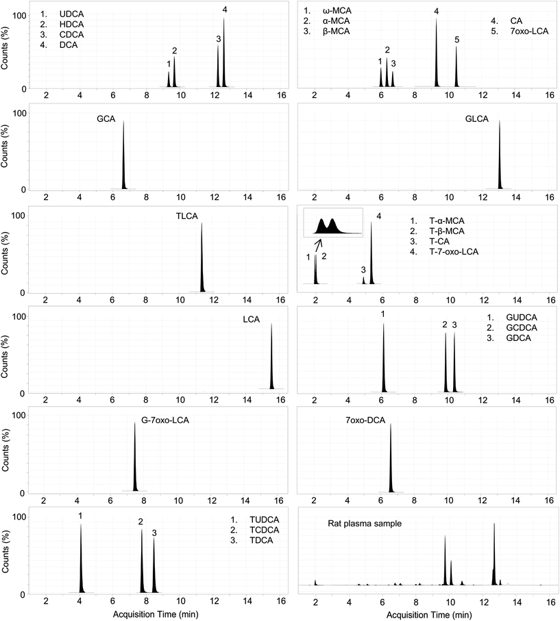 Representative chromatogram of bile acids extracted from a plasma sample and charcoal-treated rat serum spiked with 24 bile acids standard.