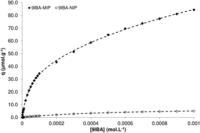 Frontal chromatography binding isotherms of 9IBA on 9IBA-MIP (◆) and 9IBA–NIP (◇) packed HPLC columns and the corresponding curves fitted to the Bi-Langmuir model (dashed lines).