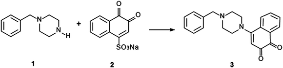 Scheme for the proposed reaction pathway of BZP (1) and NQS reagent (2) to form an orange-red product (3).