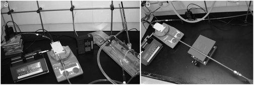 Vapour-generation system, comprising mass flow controller, vaporisation unit and syringe pump. Image a shows the generator connected to a 1.5 L gas sampling tube into which the dynamic SPME sampler is inserted, while image (b) shows the generator connected to a glass funnel.