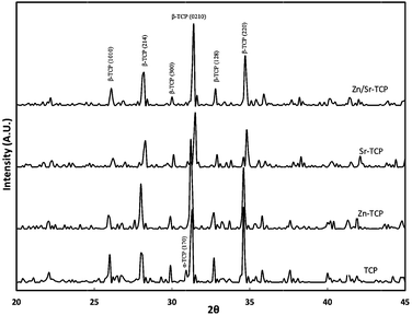 X-ray powder diffraction patterns of TCP, Zn–TCP, Sr–TCP, and Zn/Sr–TCP sintered at 1250 °C.