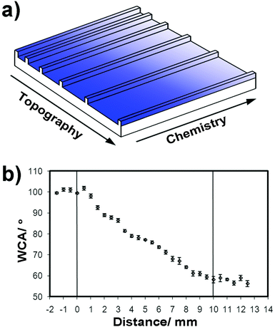 (a) Gradient platform schematic with changing chemistry represented by the gradient colour; the groove width varied on a log scale 5–95 μm, with a constant ridge depth of 3.4 μm; (b) wettability of a gradient ppHex–ppAAm layer. The error bars relate to the standard deviation of six repeats at each relative position.
