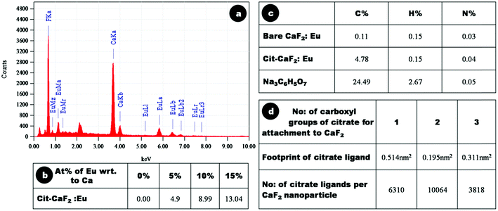 (a) Energy dispersive X-ray analysis spectrum of 15% Eu doped Cit-CaF2:Eu NP, (b) atomic weight percentage of europium with respect to calcium, as determined by EDAX analysis of Cit-CaF2:Eu nanoparticles synthesized with varying dopant concentration, (c) C, H, and N composition by CHN analysis of bare, Cit-CaF2:Eu nanoparticles and trisodium citrate, (d) footprint of citrate ligand and number of citrate ligands per CaF2 nanoparticle for its attachment through 1, 2 and 3 carboxyl groups.