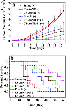 (a) Tumor volume of H22 tumor bearing mice that received different treatments as indicated. Data are presented as mean ± SD (n = 8); (b) survival curves of H22 tumor bearing mice received different treatments.