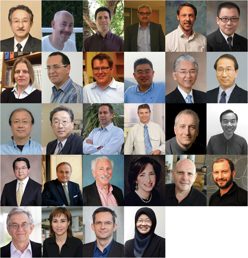 Advisory Board members (from left to right, row 1: Kazunari Akiyoshi, Cameron Alexander, Frank Caruso, Ashutosh Chilkoti, Andrew Dove and Hongwei Duan; row 2: Julie Gough, Jeff Hubbell, Darrell Irvine, Jian Ji, Kazunori Kataoka and Susumu Kitagawa; row 3: Akihiro Kusumi, Ick Chan Kwon, Sebastien Lecommandoux, Keith McLean, Wolfgang Meier and Steve Oh; row 4: Teruo Okano, Nicholas Peppas, Buddy Ratner, Molly Shoichet, Samuel Stupp and Igal Szleifer; row 5: Markus Textor, Maria Vicent, Carsten Werner and Jackie Ying. Not pictured: Xingdong Zhang).