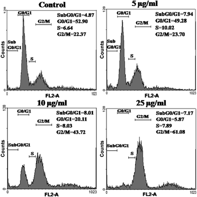 Flow-cytometric analysis of cell cycle phase distributions of HeLa cells treated with (a) control (PBS), (b) 5 μg ml−1, (c) 10 μg ml−1 and (d) 25 μg ml−1 of DOX-loaded FA-HSNPs for 24 h. The analysis was performed using the propidium iodide (PI) flow cytometric assay with the aid of FACS Diva software.