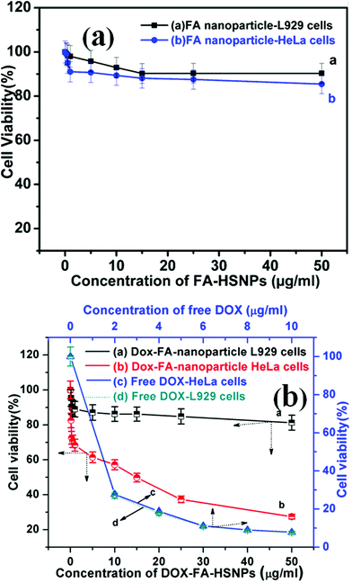 (a) In vitro cytotoxicity of FA conjugated HSNPs against L929 cells and HeLa cells, (b) cell viability of DOX loaded FA conjugated HSNPs against L929 cells and HeLa cells, and cell viability of HeLa and L929 cells incubated with various concentration of free DOX.