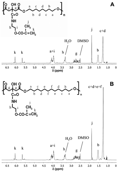 
            1H NMR spectra of MA-POC (A) and MA-PDDC (B).